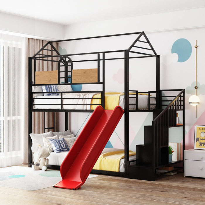 Twin Over Twin House Shaped Metal Bunk Bed withStorage Drawers and Red Slide - Black