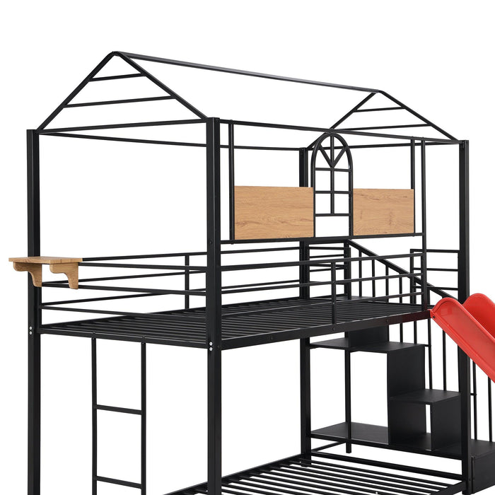 Twin Over Twin House Shaped Metal Bunk Bed withStorage Drawers and Red Slide - Black