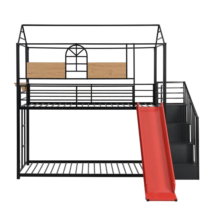 Twin Over Twin House Shaped Metal Bunk Bed withStorage Drawers and Red Slide - Black