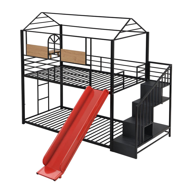 Twin Over Twin House Shaped Metal Bunk Bed withStorage Drawers and Red Slide - Black