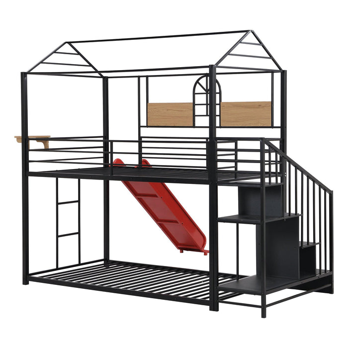 Twin Over Twin House Shaped Metal Bunk Bed withStorage Drawers and Red Slide - Black