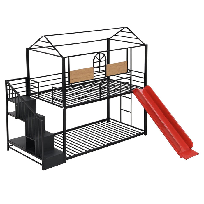 Twin Over Twin House Shaped Metal Bunk Bed withStorage Drawers and Red Slide - Black