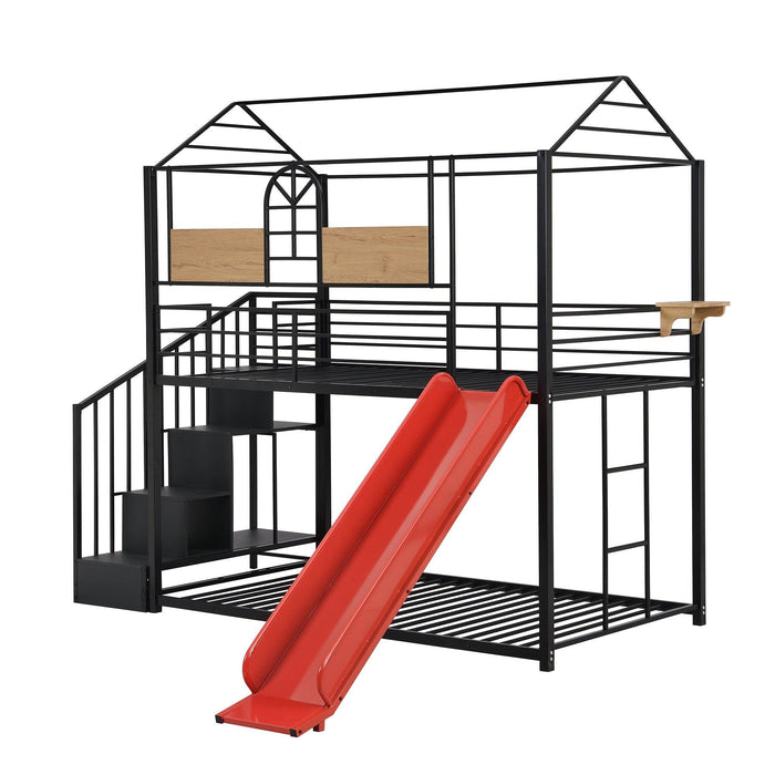 Twin Over Twin House Shaped Metal Bunk Bed withStorage Drawers and Red Slide - Black