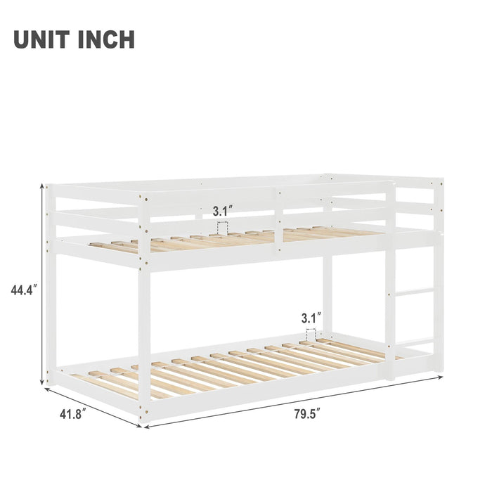 Twin over Twin Floor Bunk Bed with Ladder - White