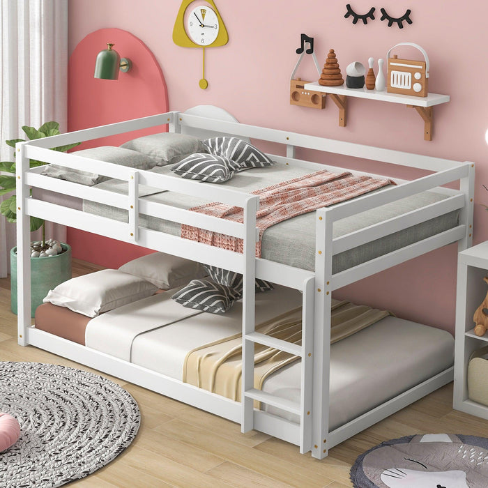 Twin over Twin Floor Bunk Bed with Ladder - White