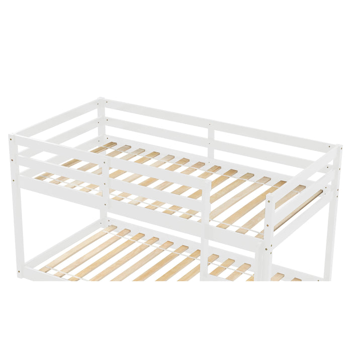 Twin over Twin Floor Bunk Bed with Ladder - White