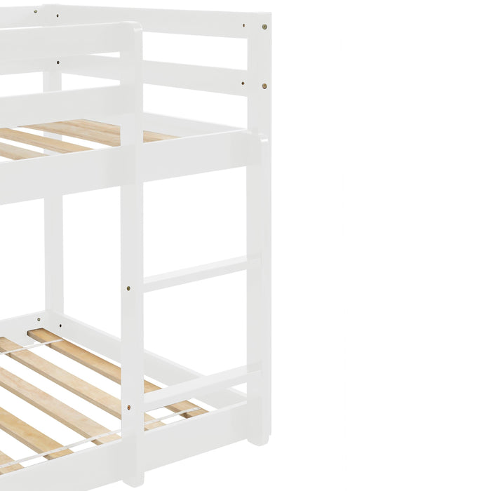 Twin over Twin Floor Bunk Bed with Ladder - White