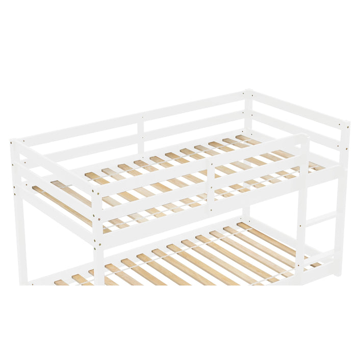 Twin over Twin Floor Bunk Bed with Ladder - White