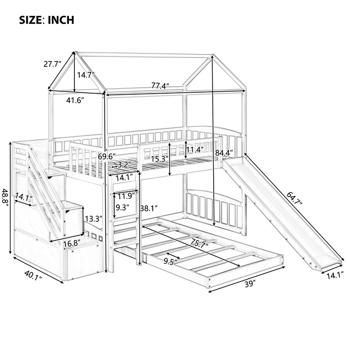 Twin Over Twin House Shaped Bunk Bed with Staircase Drawers and Slide - White