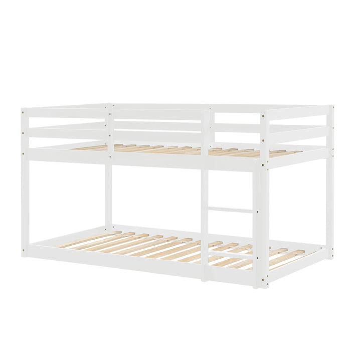 Twin over Twin Floor Bunk Bed with Ladder - White