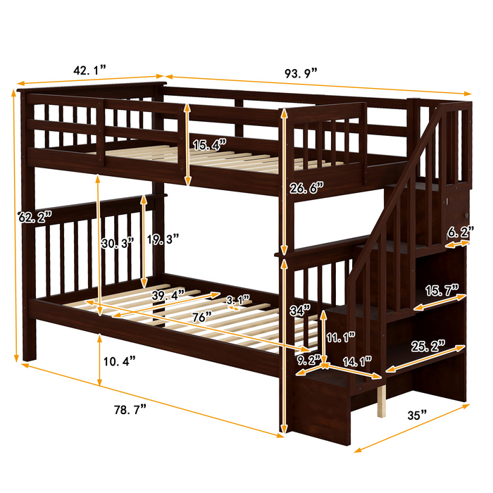 Twin Over Twin Bunk Bed withStorage Staircase and Guard Rail - Espresso color