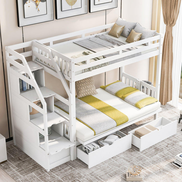 Twin over Full Convertible Bunk Bed withStorage Staircase and Drawers - White