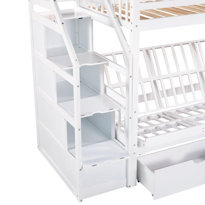 Twin over Full Convertible Bunk Bed withStorage Staircase and Drawers - White