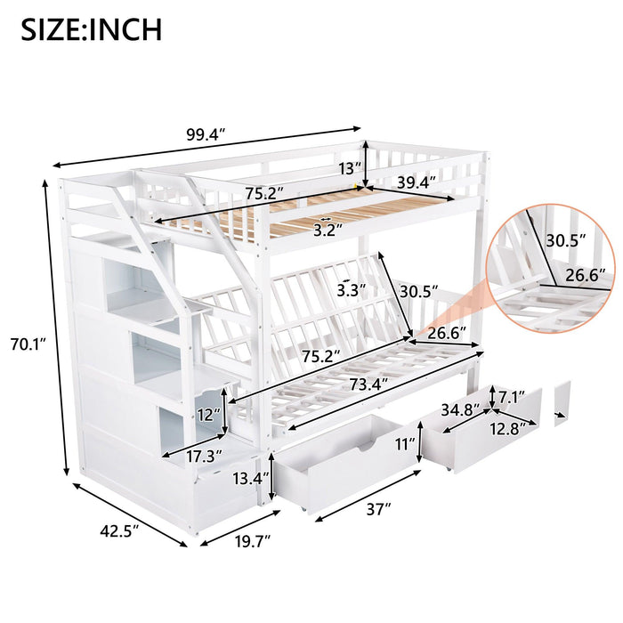 Twin over Full Convertible Bunk Bed withStorage Staircase and Drawers - White