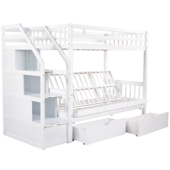 Twin over Full Convertible Bunk Bed withStorage Staircase and Drawers - White