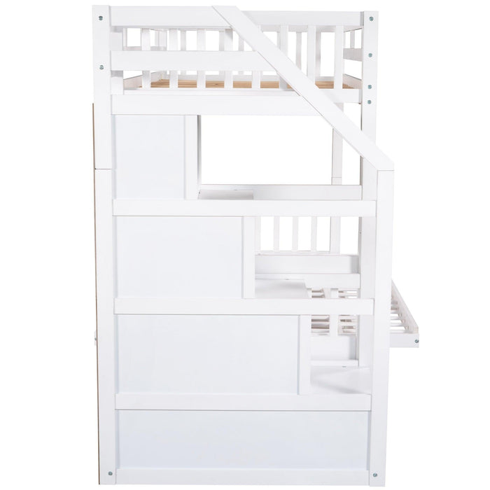 Twin over Full Convertible Bunk Bed withStorage Staircase and Drawers - White