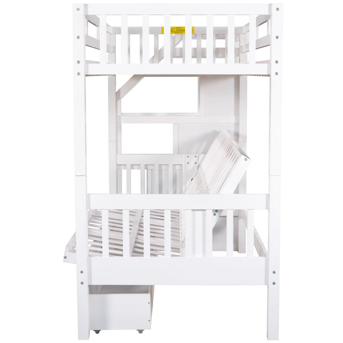 Twin over Full Convertible Bunk Bed withStorage Staircase and Drawers - White