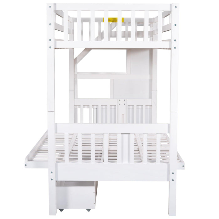 Twin over Full Convertible Bunk Bed withStorage Staircase and Drawers - White