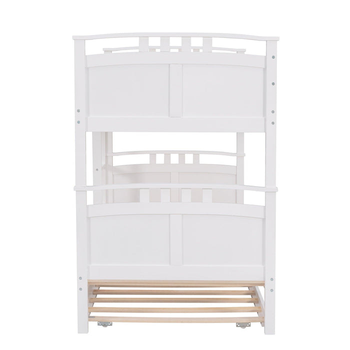 Twin Over Twin Convertible Bunk Bed with Twin Size Trundle and Ladder - White