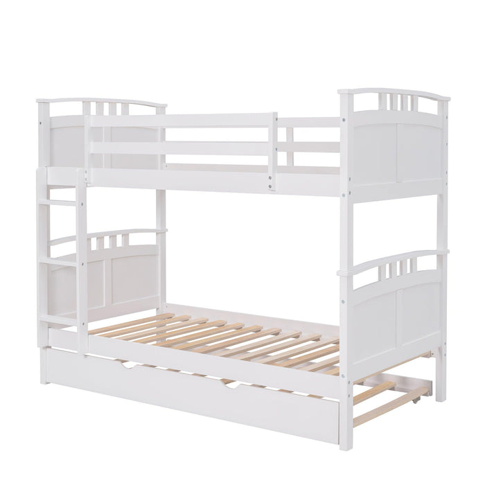 Twin Over Twin Convertible Bunk Bed with Twin Size Trundle and Ladder - White