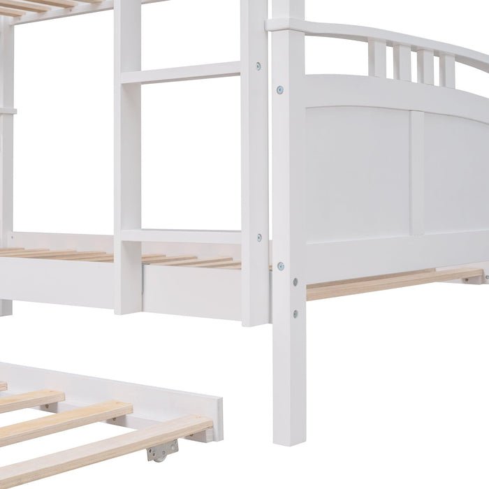 Twin Over Twin Convertible Bunk Bed with Twin Size Trundle and Ladder - White