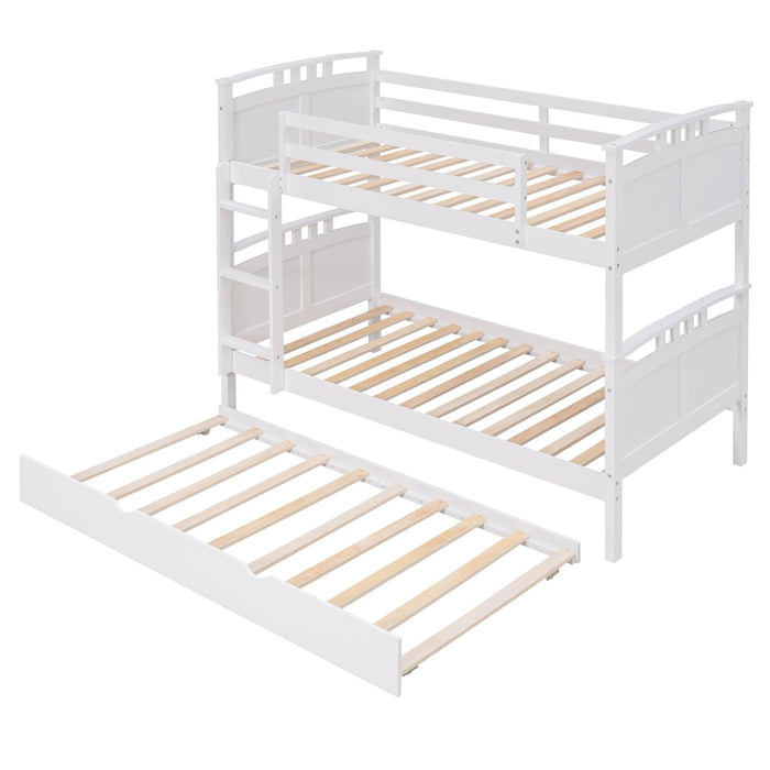 Twin Over Twin Convertible Bunk Bed with Twin Size Trundle and Ladder - White