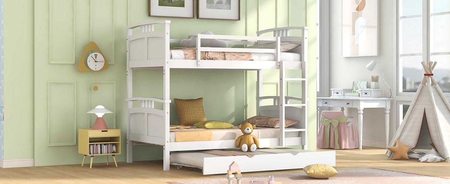 Twin Over Twin Convertible Bunk Bed with Twin Size Trundle and Ladder - White