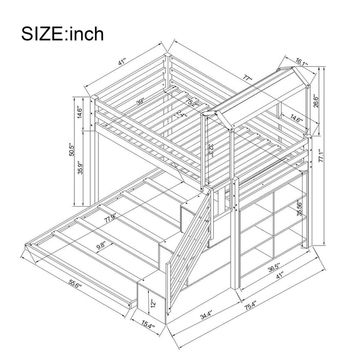 Twin over Full House Roof Bunk Bed with Staircase Drawers and Shelves - Gray