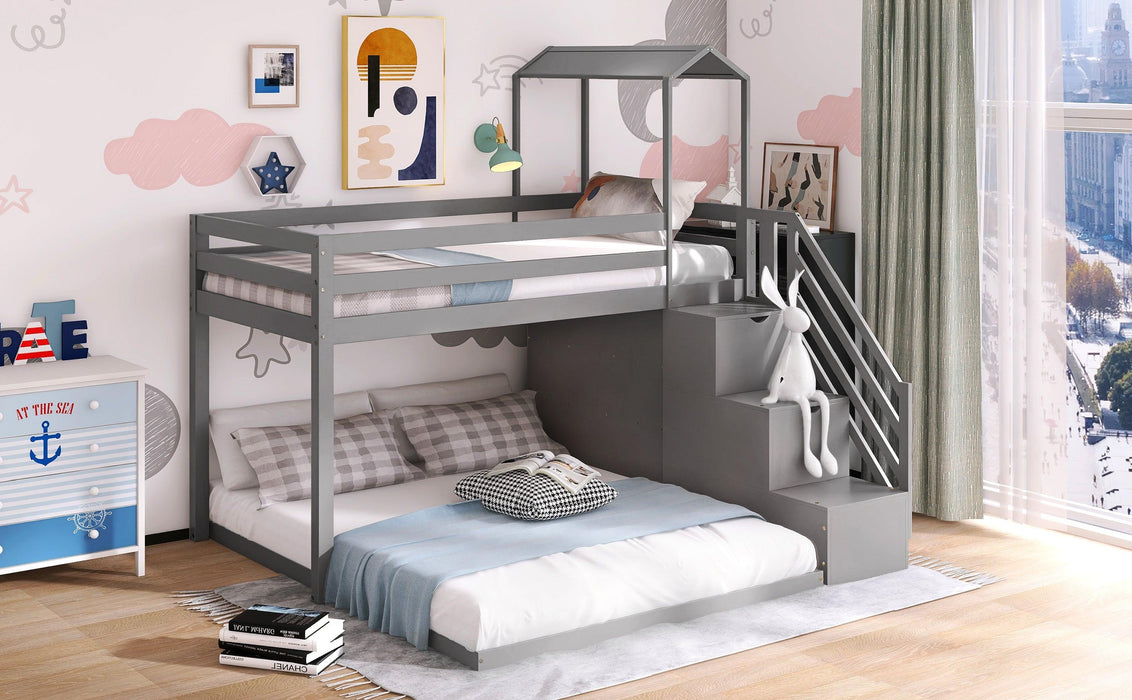 Twin over Full House Roof Bunk Bed with Staircase Drawers and Shelves - Gray