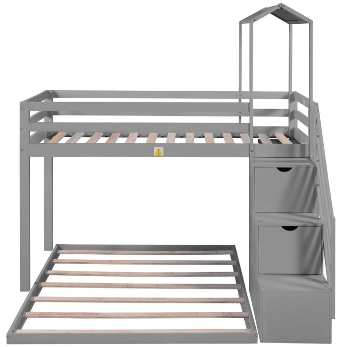 Twin over Full House Roof Bunk Bed with Staircase Drawers and Shelves - Gray