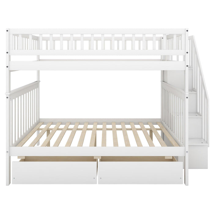 Full over Full Bunk Bed with Two Drawers andStorage Staircase - White