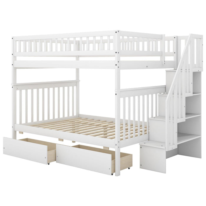 Full over Full Bunk Bed with Two Drawers andStorage Staircase - White