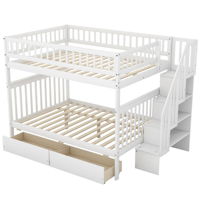 Full over Full Bunk Bed with Two Drawers andStorage Staircase - White