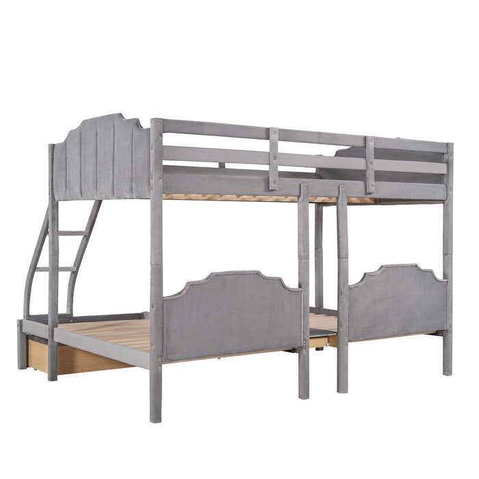 Full over Twin and Twin Bunk Bed with Drawers and Guardrails - Gray