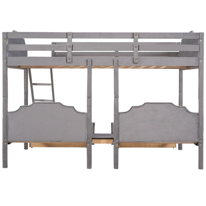 Full over Twin and Twin Bunk Bed with Drawers and Guardrails - Gray