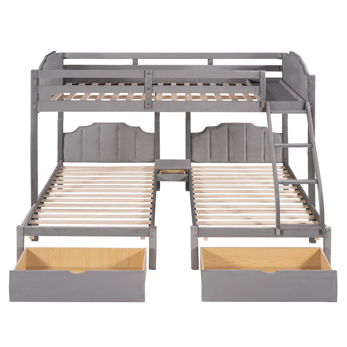 Full over Twin and Twin Bunk Bed with Drawers and Guardrails - Gray