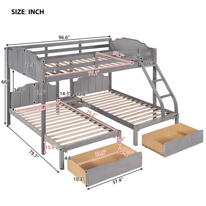 Full over Twin and Twin Bunk Bed with Drawers and Guardrails - Gray