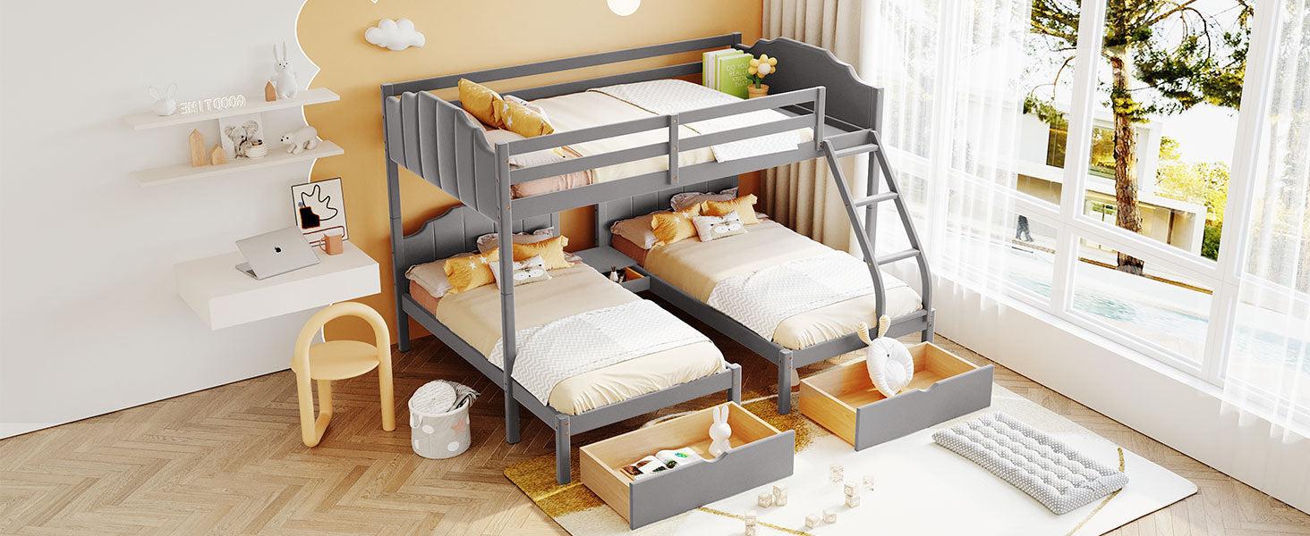 Full over Twin and Twin Bunk Bed with Drawers and Guardrails - Gray