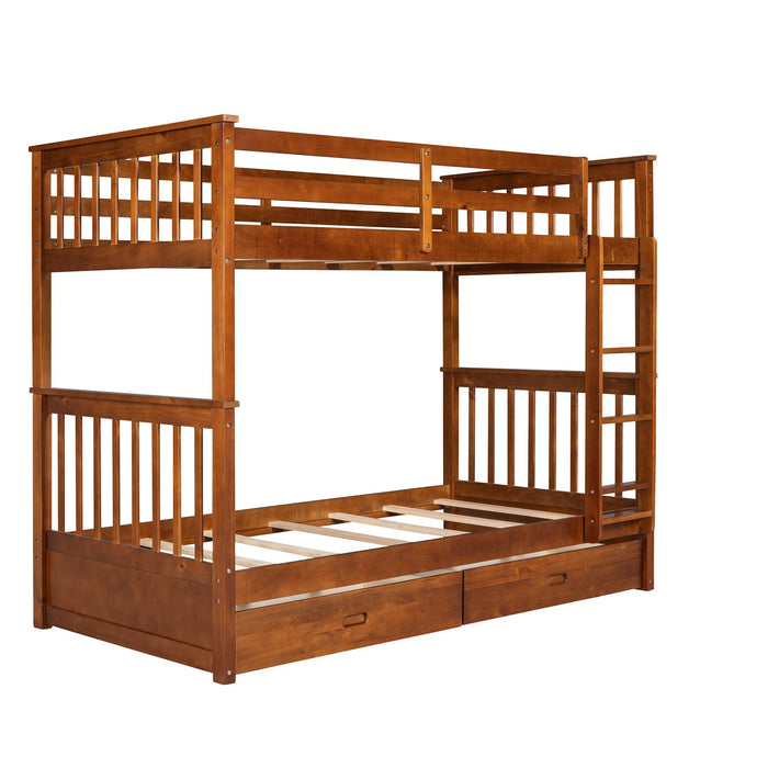 Twin over Twin Bunk Bed with Ladders and TwoStorage Drawers - Walnut