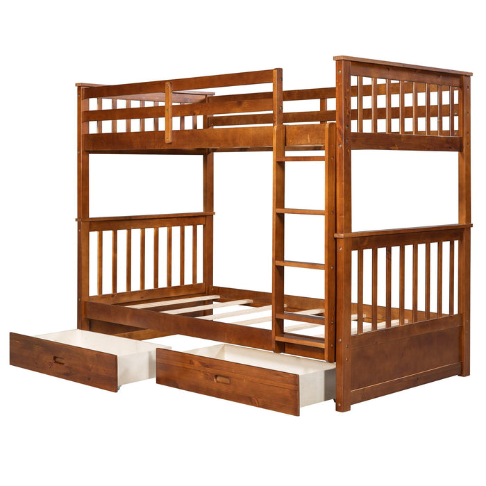 Twin over Twin Bunk Bed with Ladders and TwoStorage Drawers - Walnut