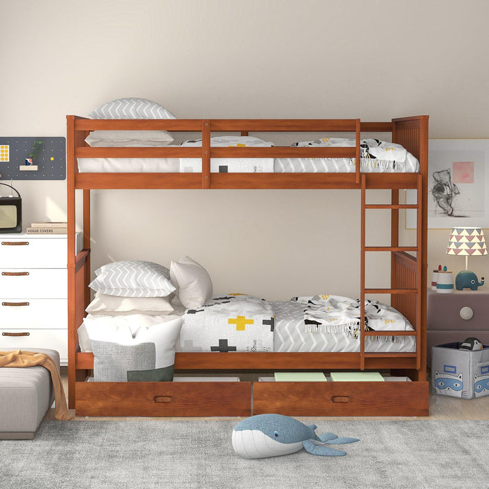 Twin over Twin Bunk Bed with Ladders and TwoStorage Drawers - Walnut