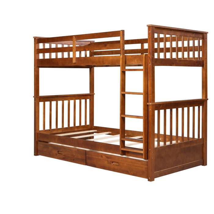 Twin over Twin Bunk Bed with Ladders and TwoStorage Drawers - Walnut