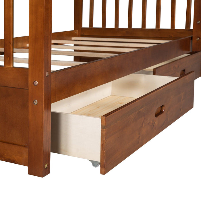 Twin over Twin Bunk Bed with Ladders and TwoStorage Drawers - Walnut