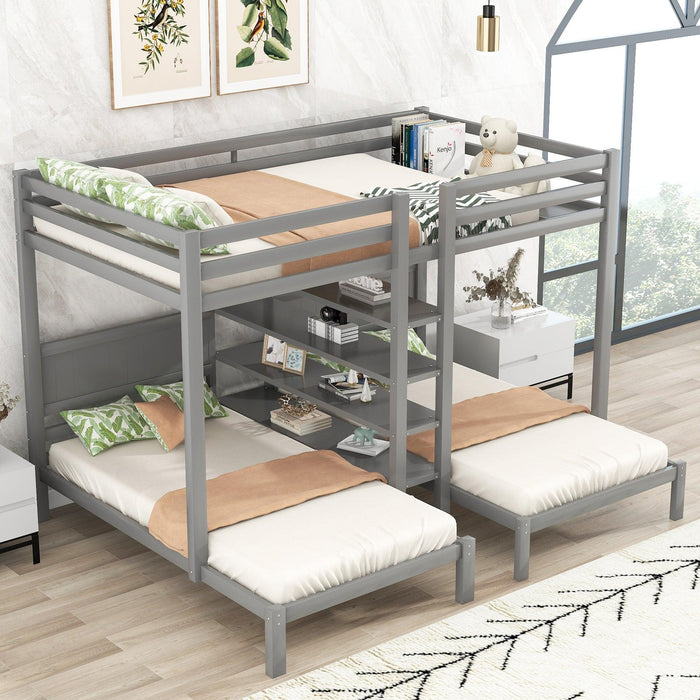 Full XL over Twin and Twin Bunk Bed with Built-in Shelves and Ladder - Gray