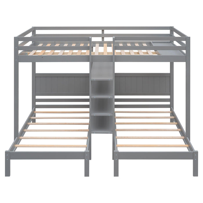 Full XL over Twin and Twin Bunk Bed with Built-in Shelves and Ladder - Gray