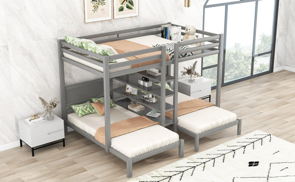 Full XL over Twin and Twin Bunk Bed with Built-in Shelves and Ladder - Gray