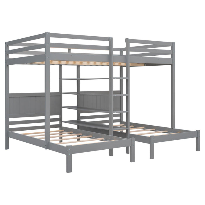 Full XL over Twin and Twin Bunk Bed with Built-in Shelves and Ladder - Gray