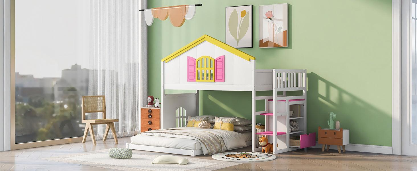 Twin over Full House Bunk Bed with Pink Staircase, Drawer and Shelves - White