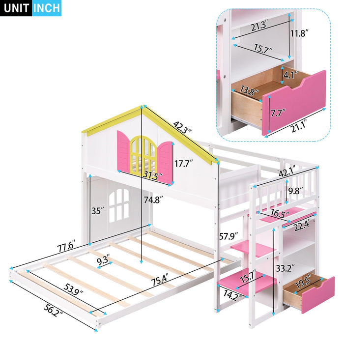 Twin over Full House Bunk Bed with Pink Staircase, Drawer and Shelves - White