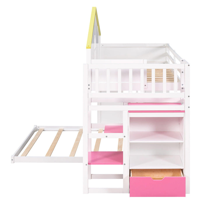 Twin over Full House Bunk Bed with Pink Staircase, Drawer and Shelves - White